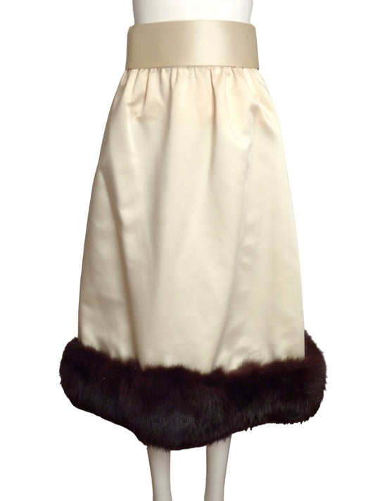 VICTORIA ROYALE- 1970s Ivory Satin & Fur Skirt, Size 2