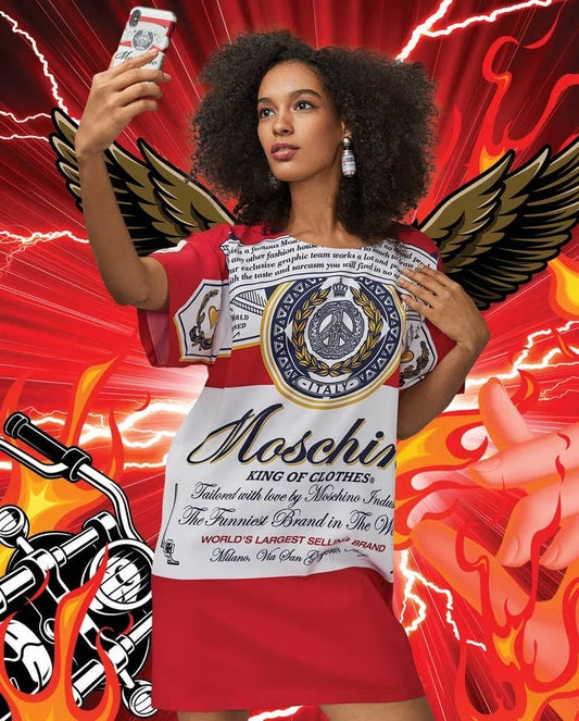 MOSCHINO x BUDWEISER- 2019 Print Rayon Dress, Size 6