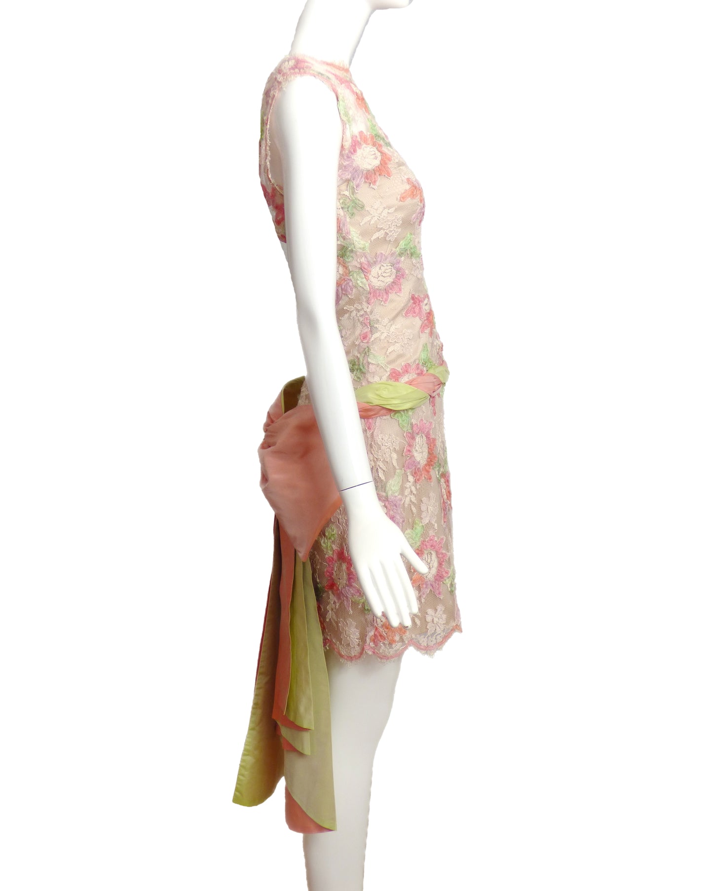 LINDA CIERACH-1990s Floral Lace & Silk Dress, Size 6