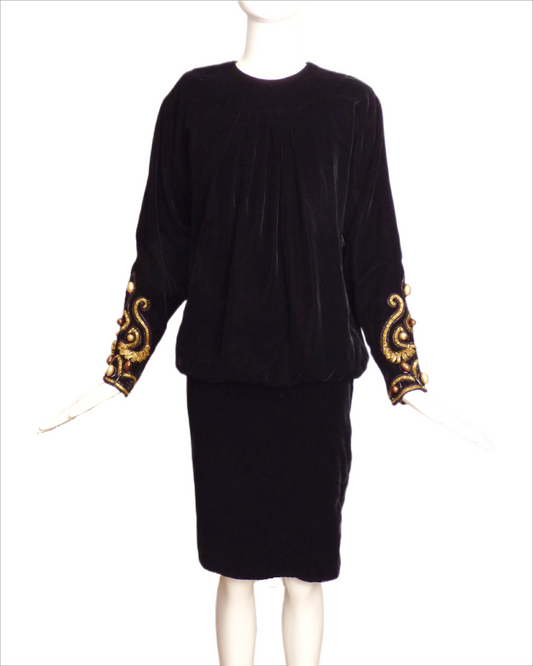 GIVENCHY HAUTE COUTURE-1980s Black Velvet Sac Dress, Size-6