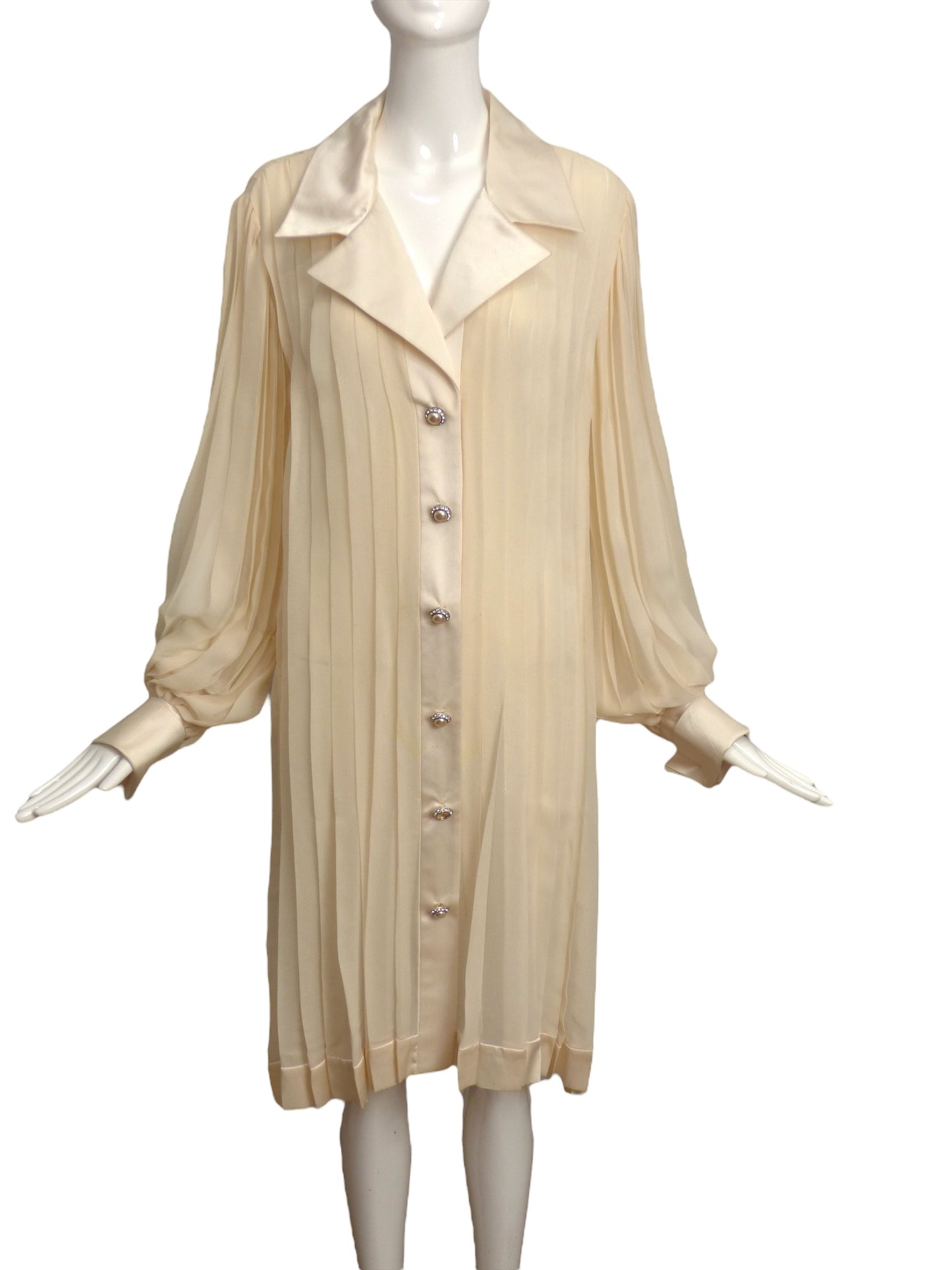 TRAVILLA- 1980s Ivory Chiffon Pleat Dress, Size 8