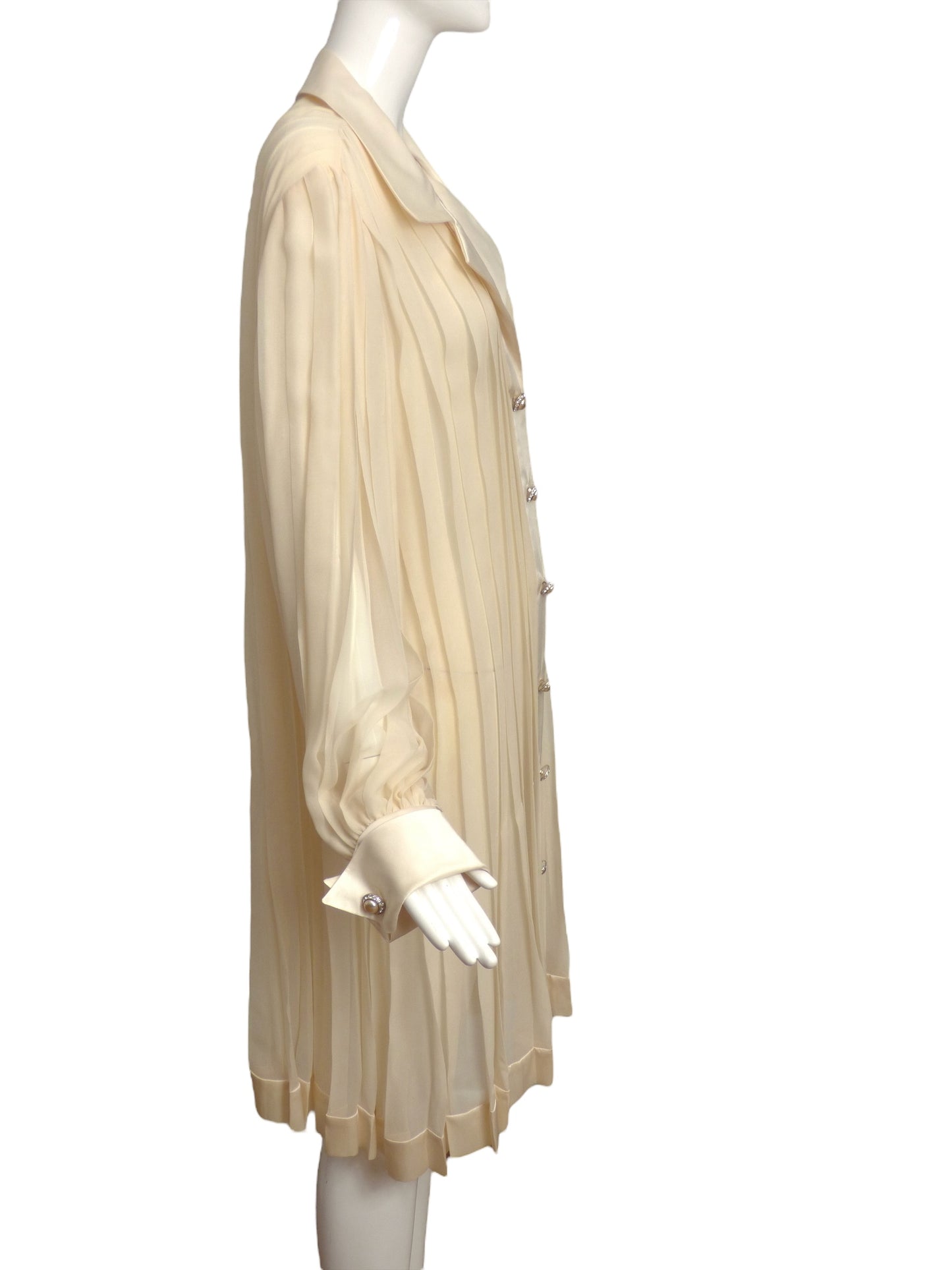 TRAVILLA- 1980s Ivory Chiffon Pleat Dress, Size 8