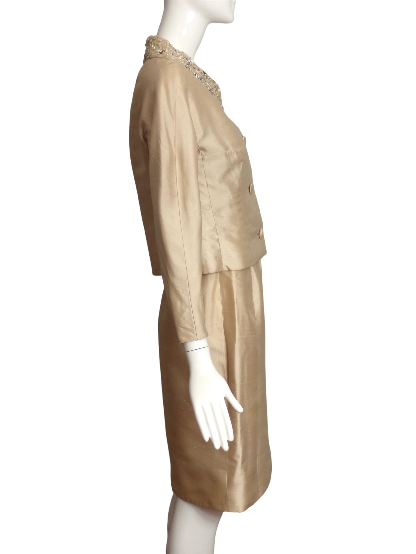 CHARLES COOPER- 1960s Ivory Beaded Skirt Suit, Size 6