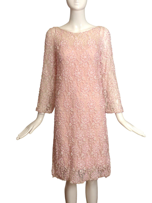 MALCOLM STARR- 1970s Pink Beaded Dress, Size 10