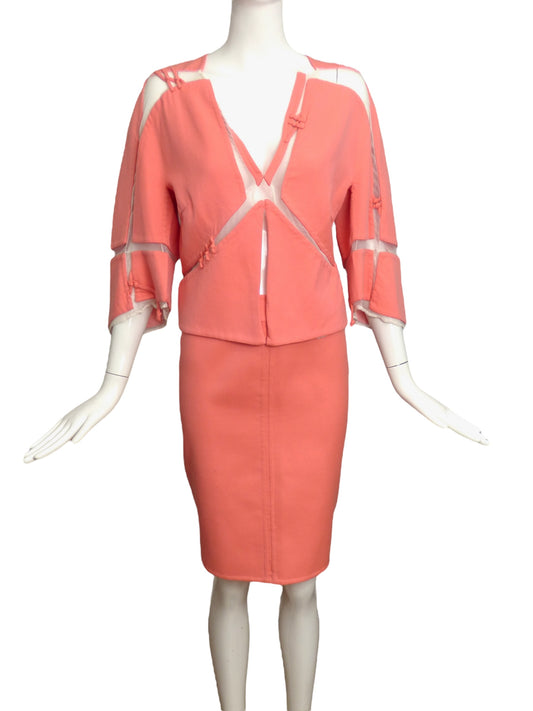 CHADO RALPH RUCCI- Coral Wool Cutout Skirt Suit, Size 8