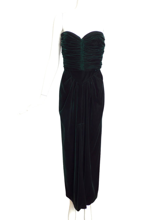 ALBERT CAPRARO- 1970s Green Velvet Gown, Size-6