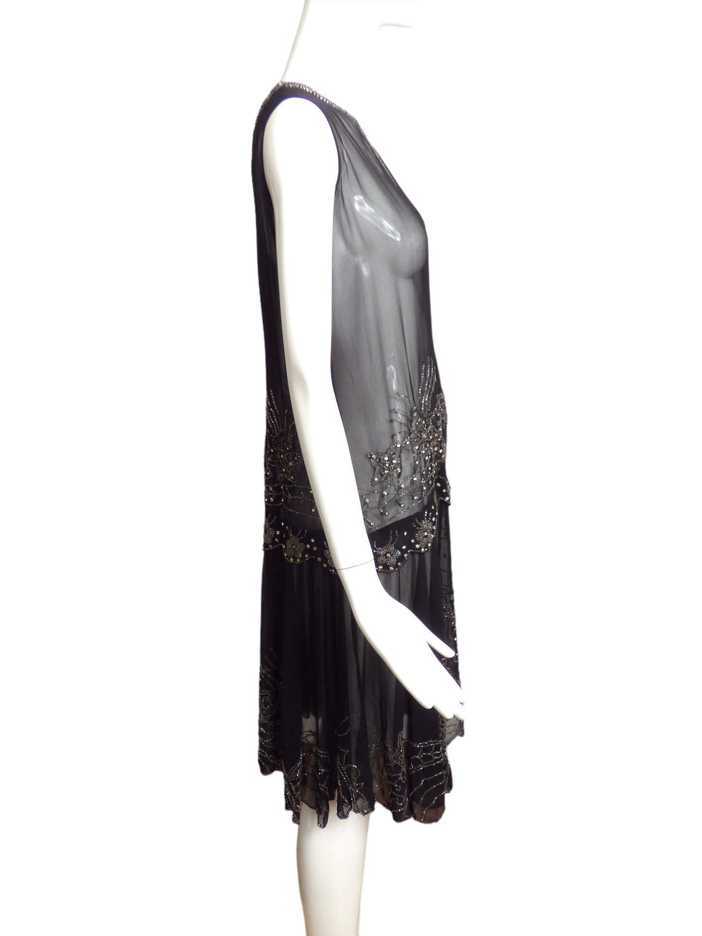 1920s Black Beaded Chiffon Dress, Size 8
