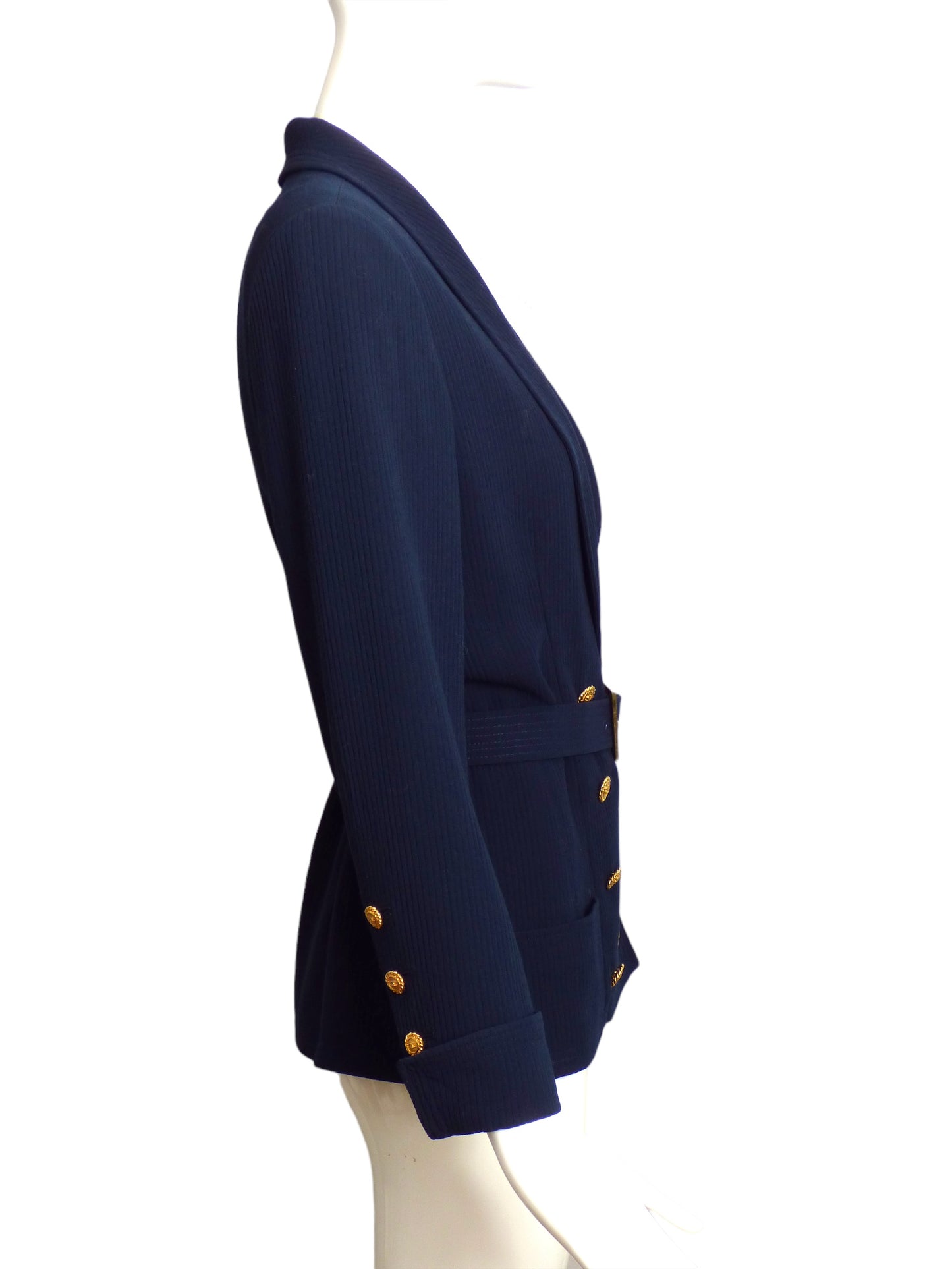 CHANEL- 1980s Navy Double Breast Ribbed Blazer, Size 8