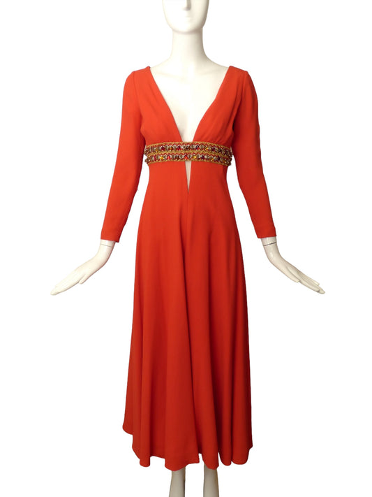 TRAVILLA- AS IS 1960s Red Beaded Crepe Jumpsuit, Size 4