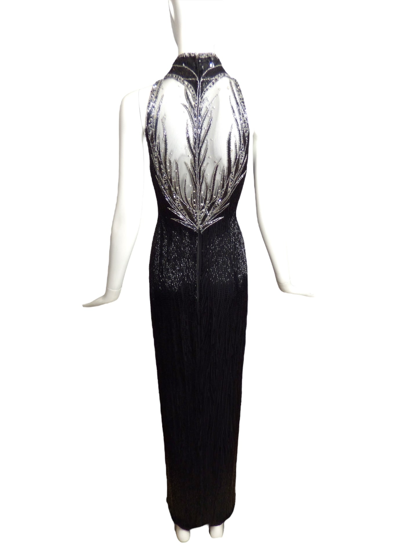 BOB MACKIE- 1990s Black & Silver Beaded Gown, Size 10