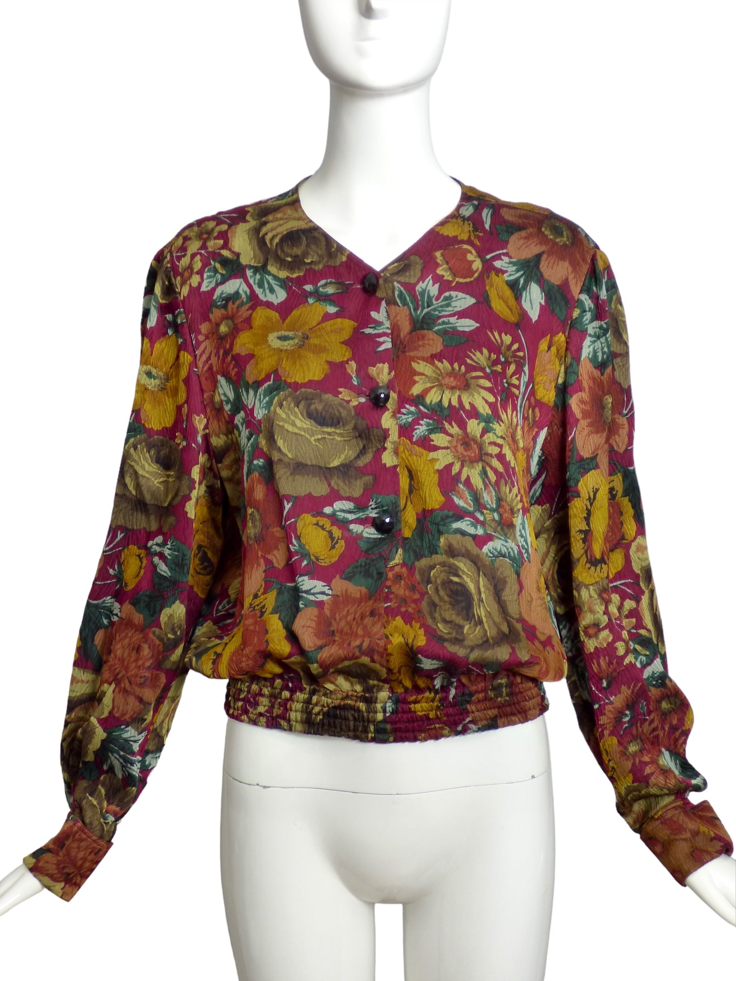 VALENTINO- 1980s Floral Silk Print Blouse, Size 8
