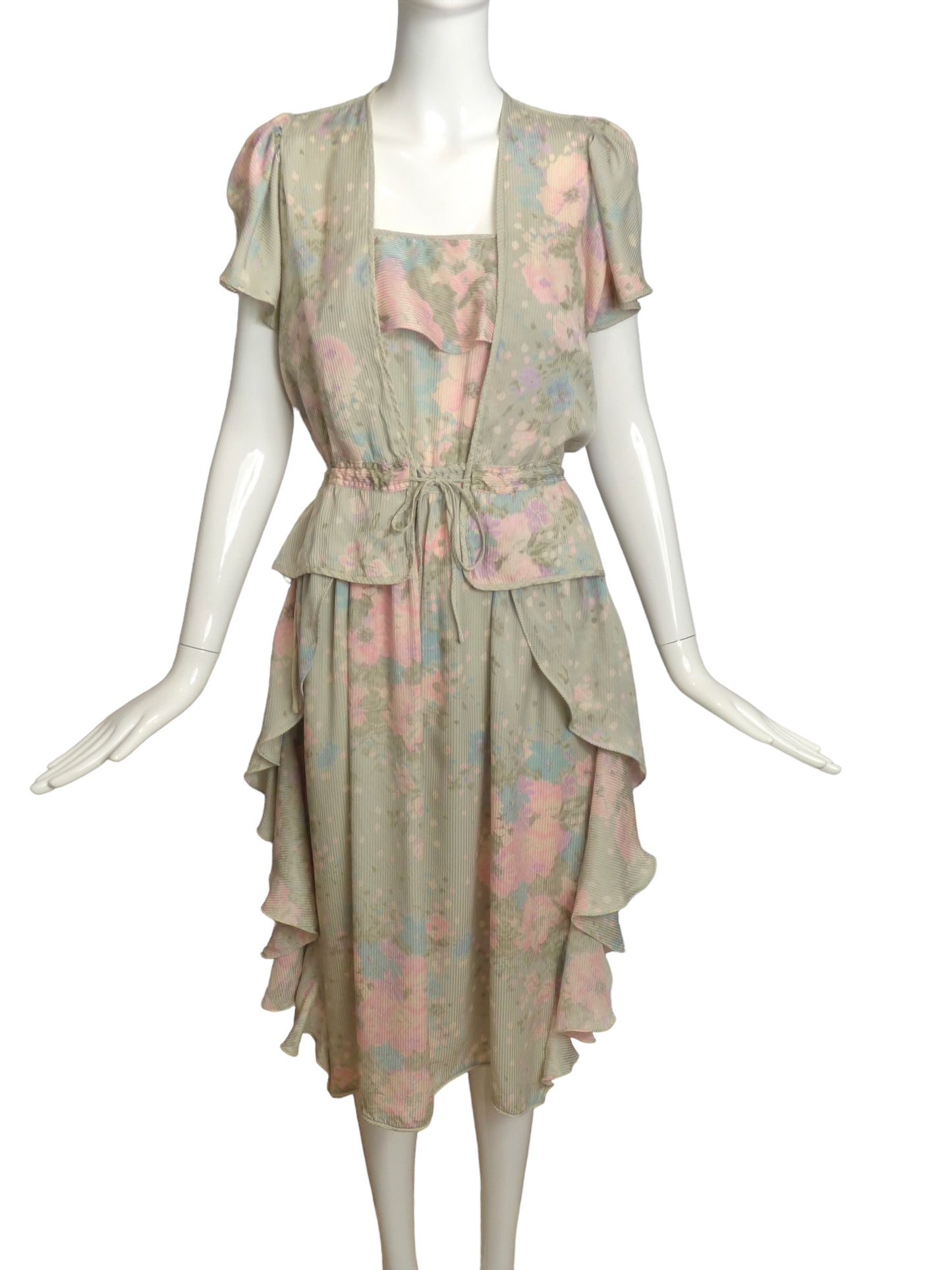 JANICE WAINWRIGHT- 1980s 2pc Floral Print Silk Dress, Size 2