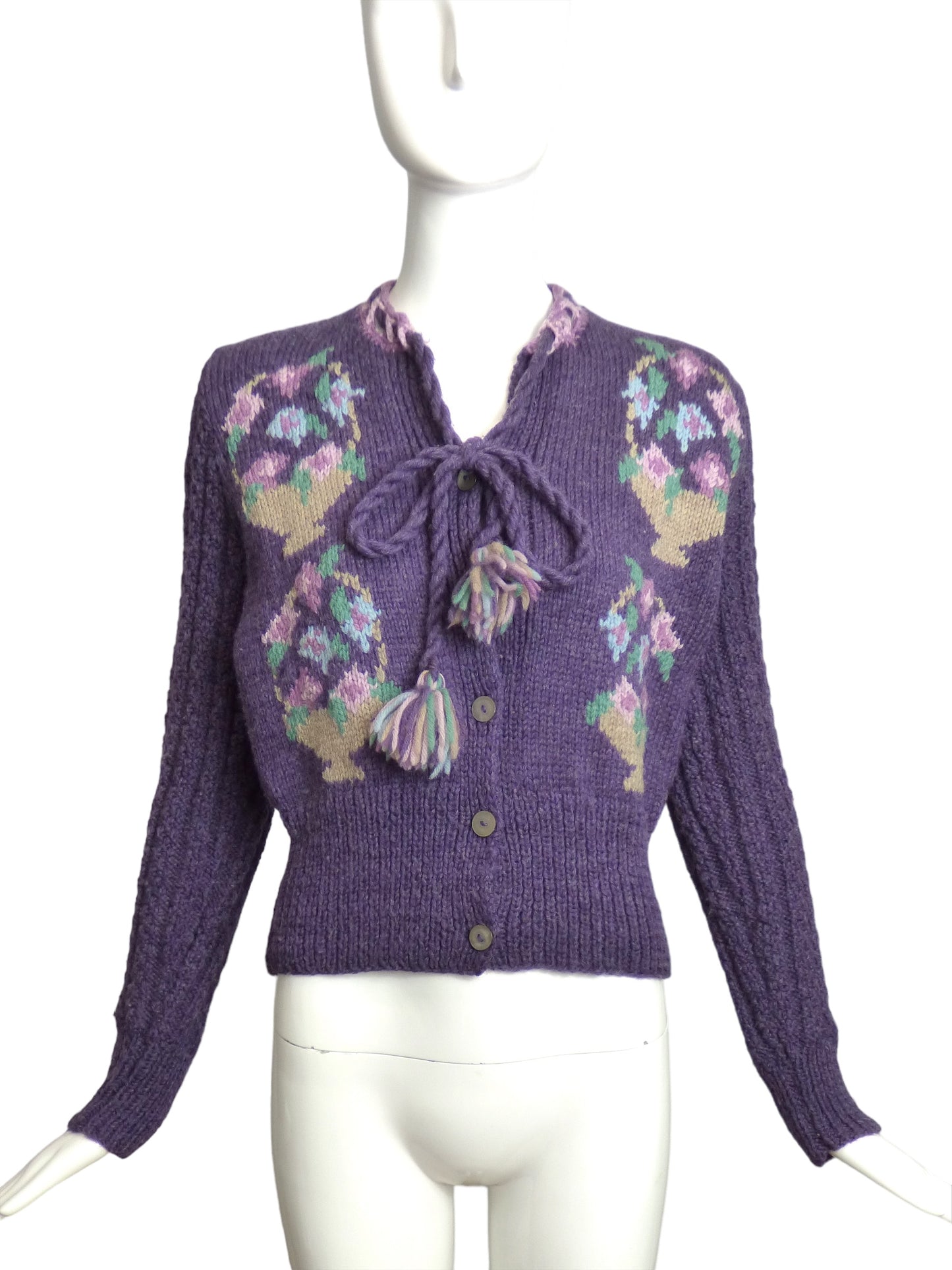 1980s Purple Wool Print Cardigan, Size 8