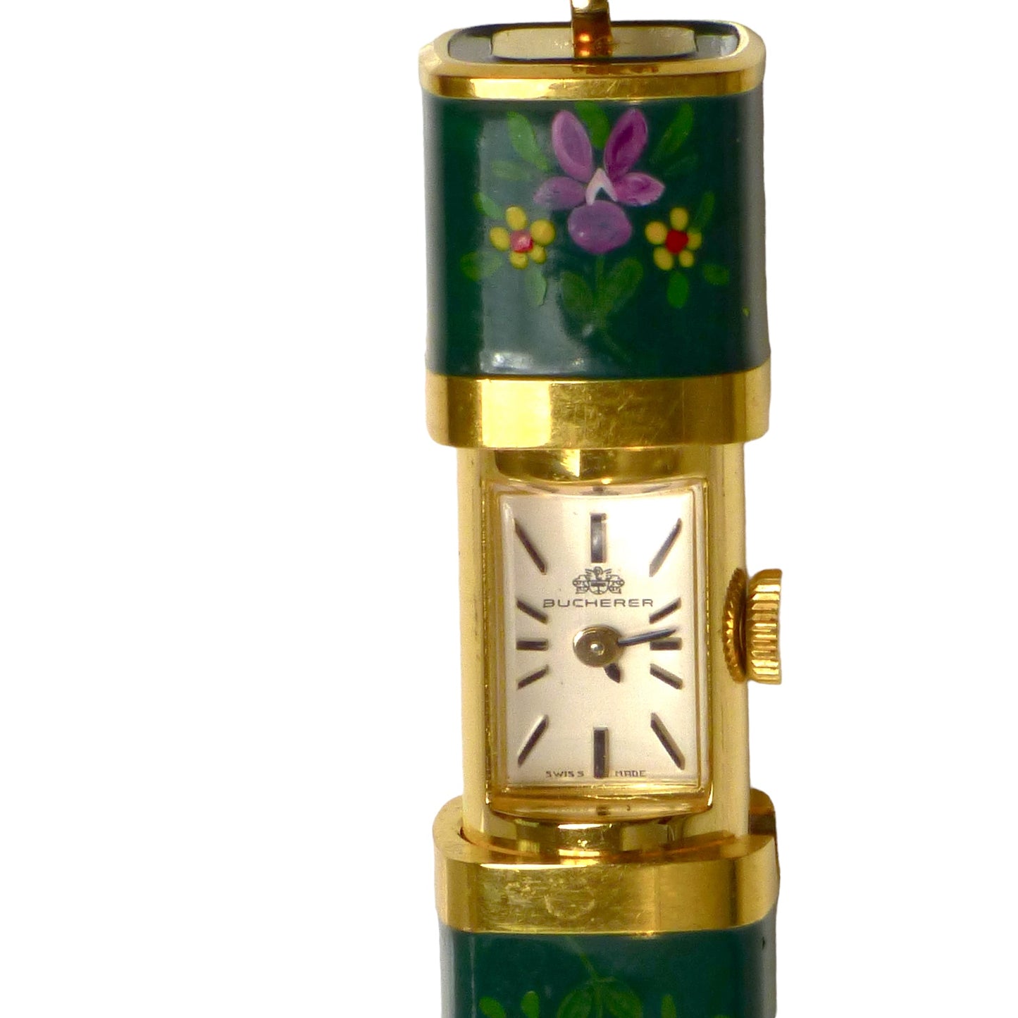BUCHERER- 1960s Floral Enamel Compact Analog Watch Necklace
