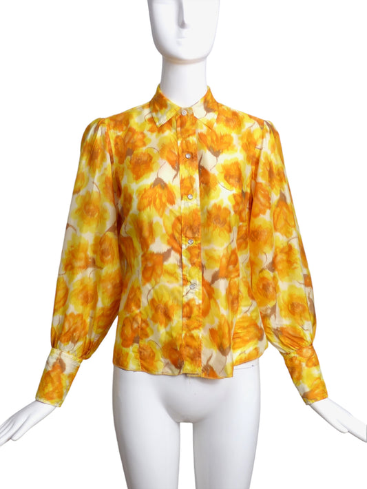 1970s Pearl Snap Floral Blouse, Size 6