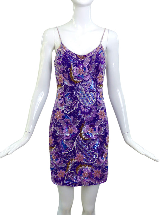 NAEEM KHAN- 90s Silk Beaded Mini Dress, Size 4