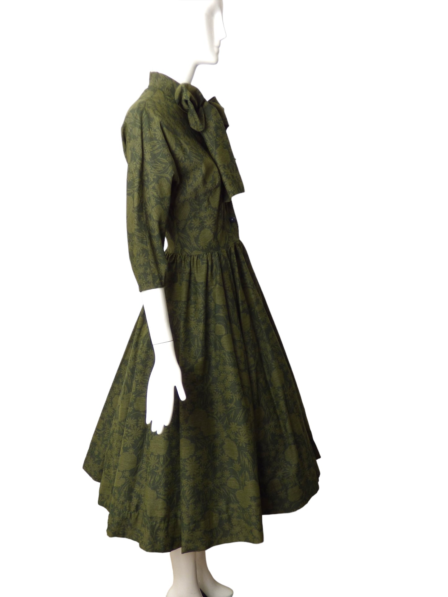 1950s Green Wool Print Dress, Size 4