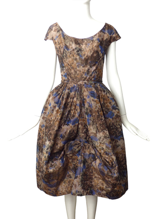 1950s Floral Print Silk Bubble Dress, Size 4