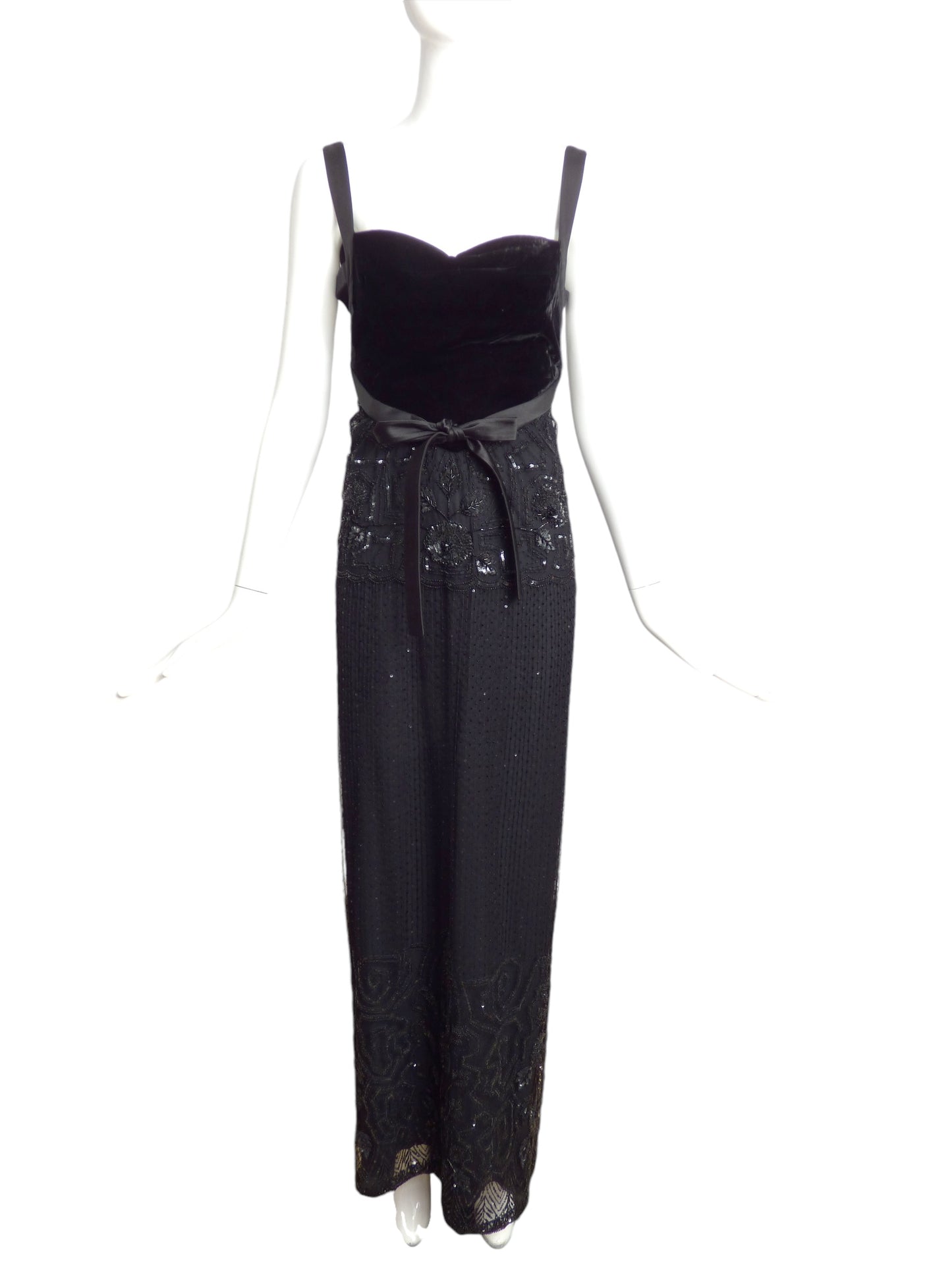 VALENTINO- Black Velvet & Beaded Evening Gown, Size 6