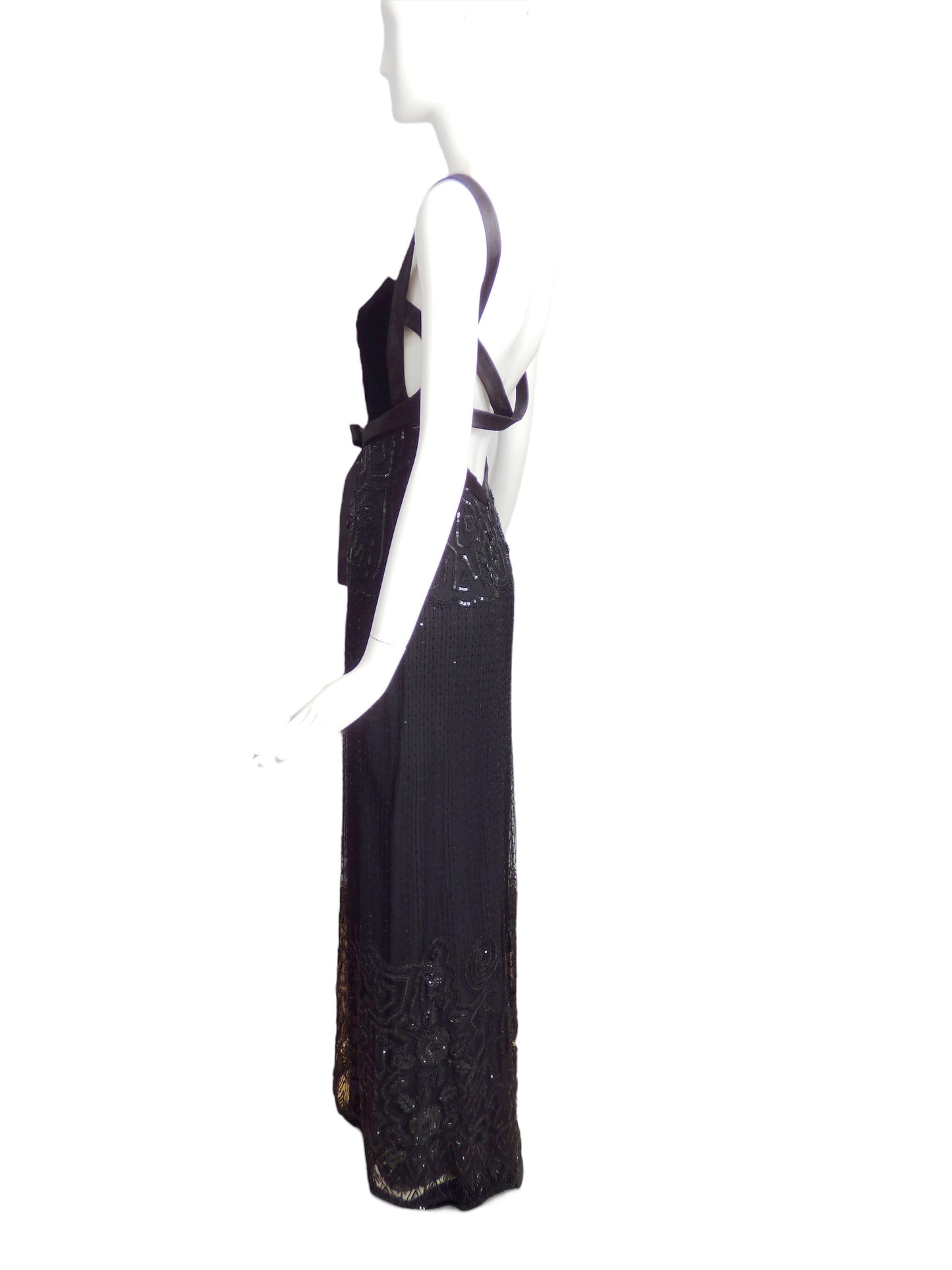 VALENTINO- Black Velvet & Beaded Evening Gown, Size 6