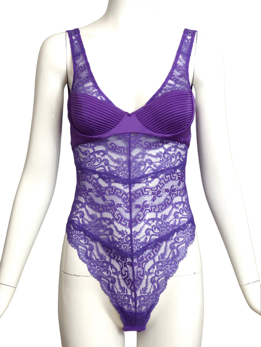 VERSACE- NWT 2023 Purple Satin & Lace Bodysuit, Size 2C