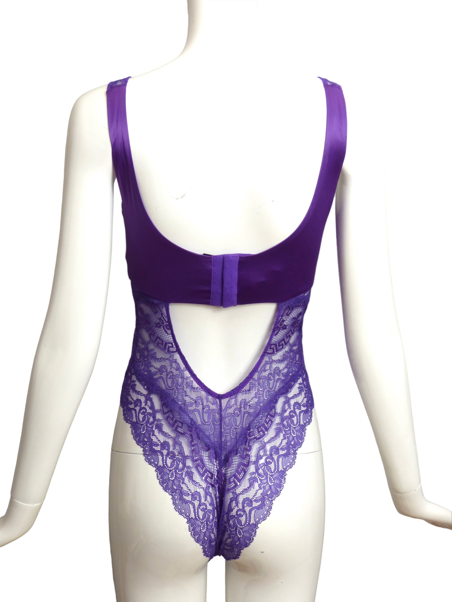 VERSACE- NWT 2023 Purple Satin & Lace Bodysuit, Size 2C