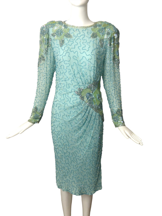 OLEG CASSINI- 1980s Aqua Beaded & Sequin Dress, Size 8