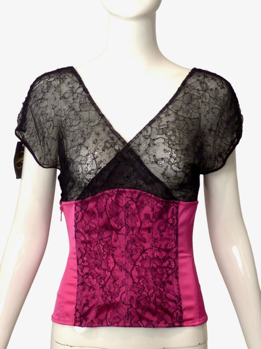 CADOLLE-NWT Black Lace & Pink Satin Top, Size 8