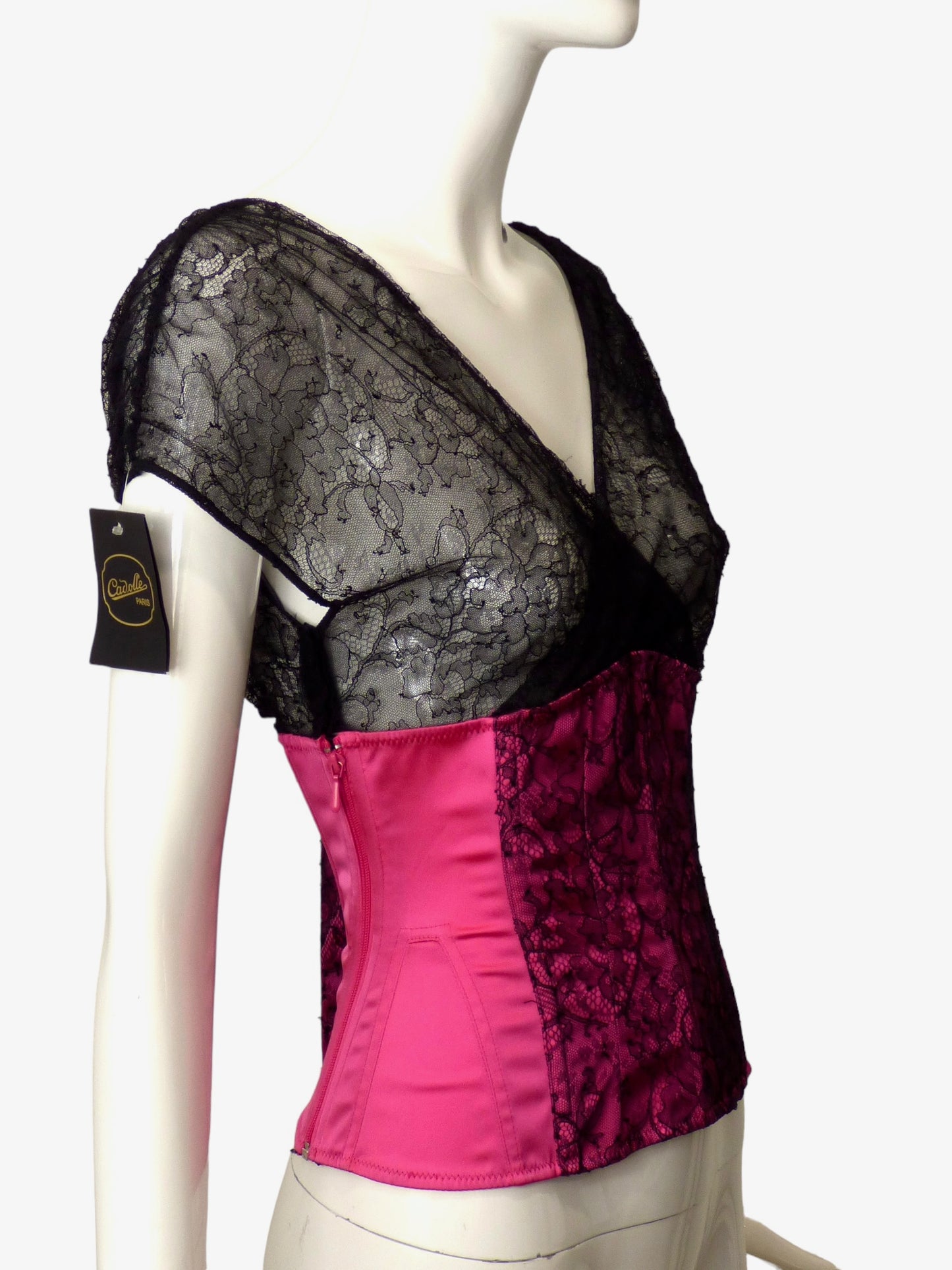 CADOLLE-NWT Black Lace & Pink Satin Top, Size 8