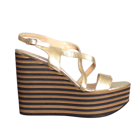 GIAMPAOLO VIOZZI- Striped Gold Wedge Plaform Sandals, Size 40