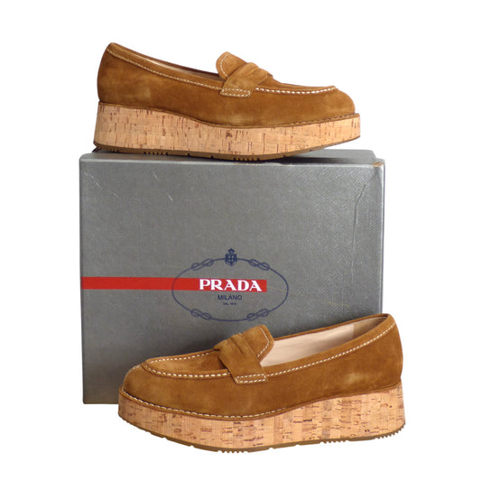 PRADA- NIB 2012 Brown Suede Wedge Loafers, Size 41.5