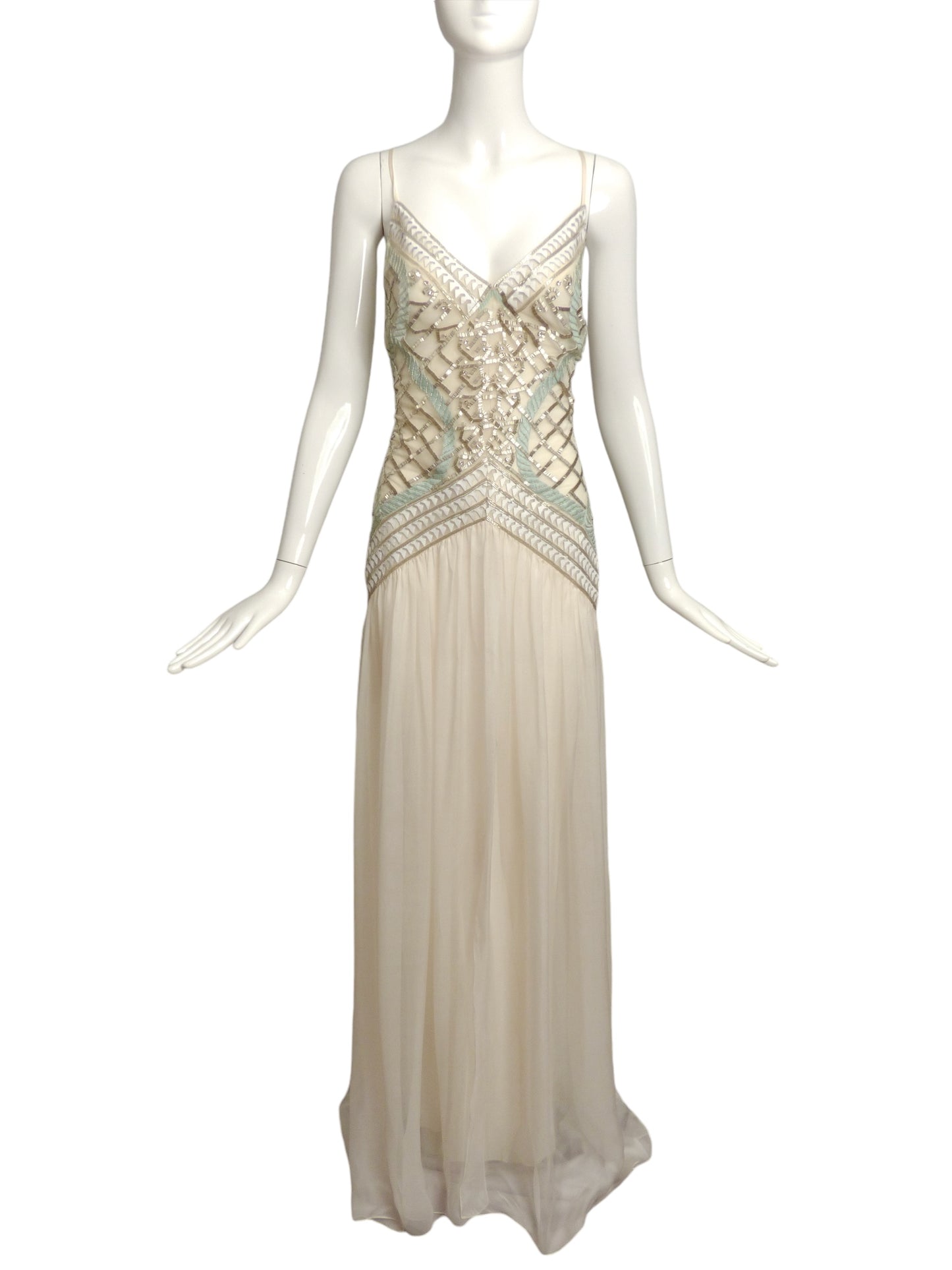 TEMPERLEY-NWT 2015 White Beaded Chiffon Evening Gown, Size 6