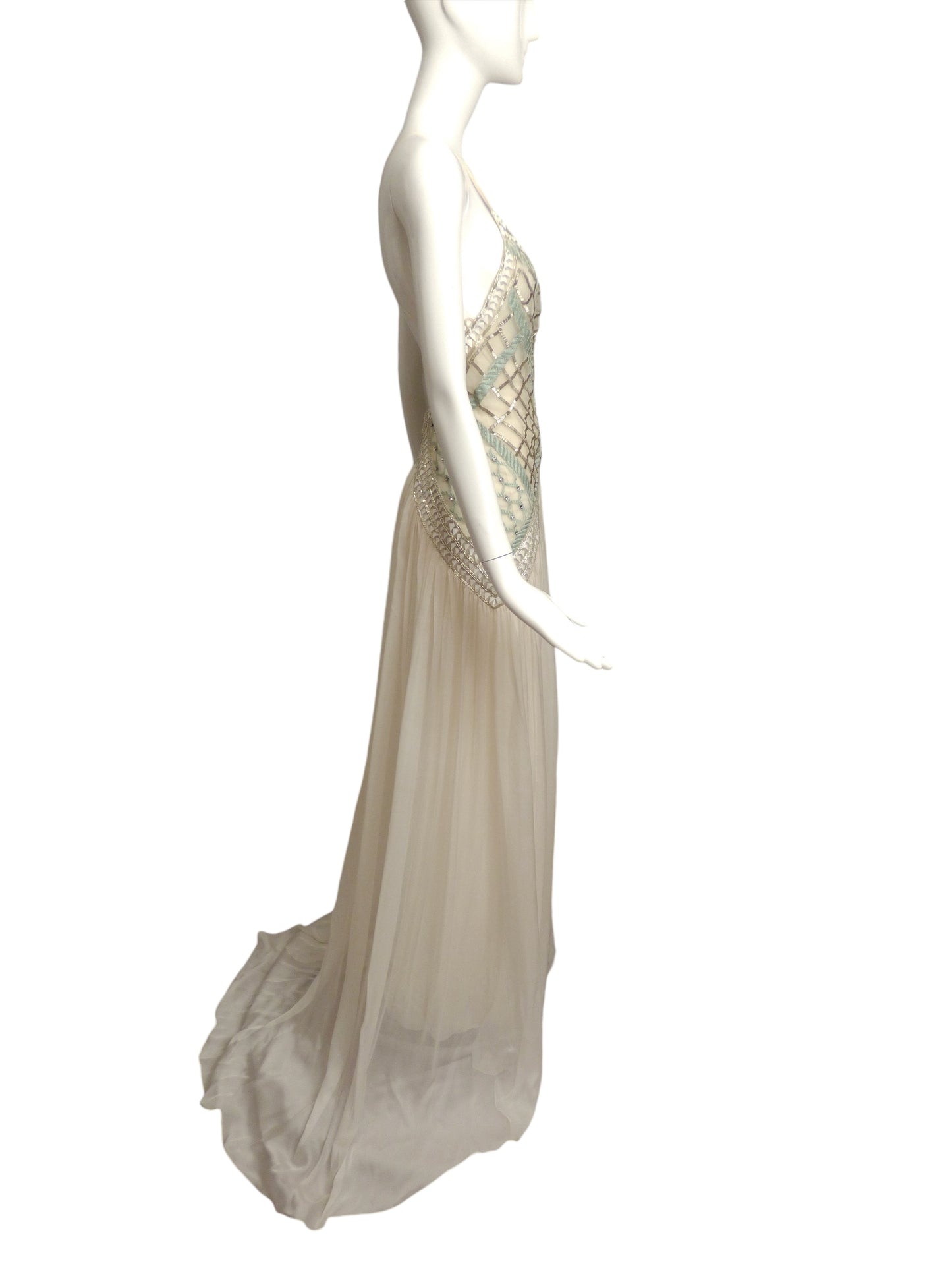 TEMPERLEY-NWT 2015 White Beaded Chiffon Evening Gown, Size 6