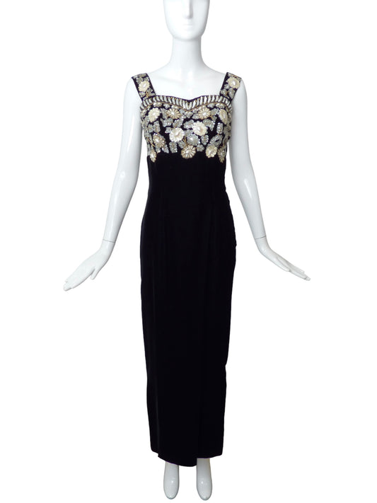 HENRI DE CHATILLON-1950s Black Velvet Beaded Gown, Size 6