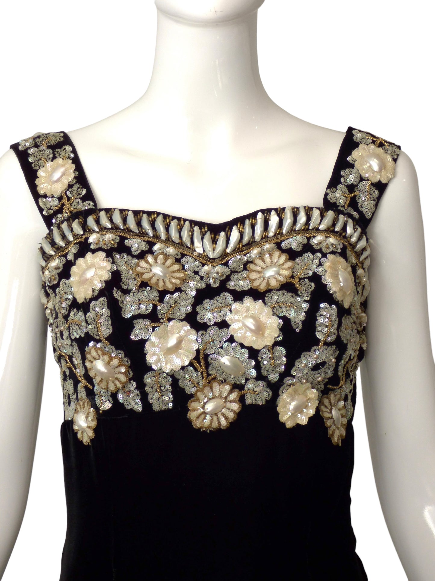 HENRI DE CHATILLON-1950s Black Velvet Beaded Gown, Size 6