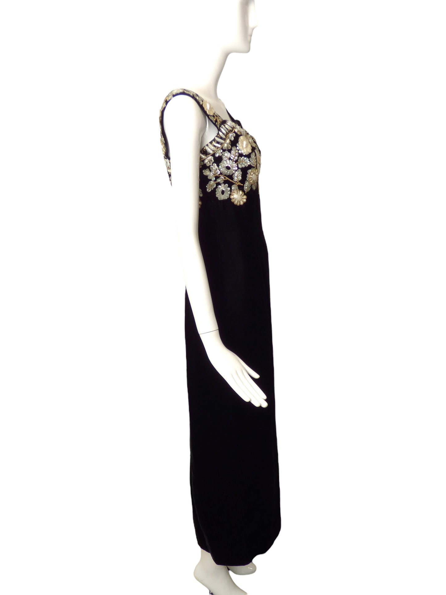 HENRI DE CHATILLON-1950s Black Velvet Beaded Gown, Size 6