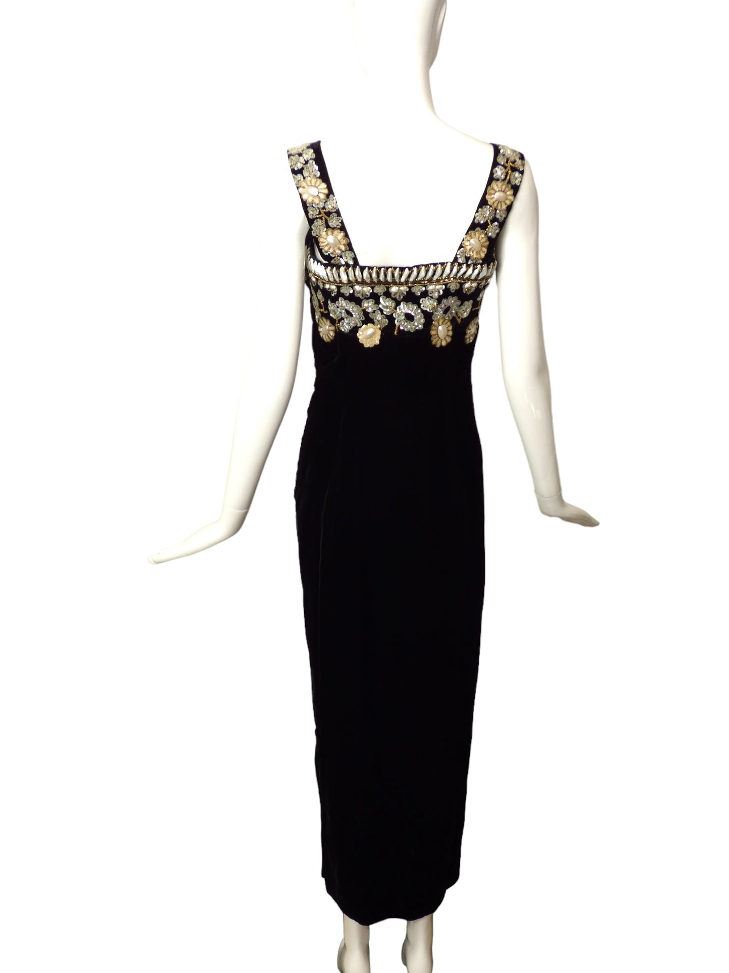 HENRI DE CHATILLON-1950s Black Velvet Beaded Gown, Size 6