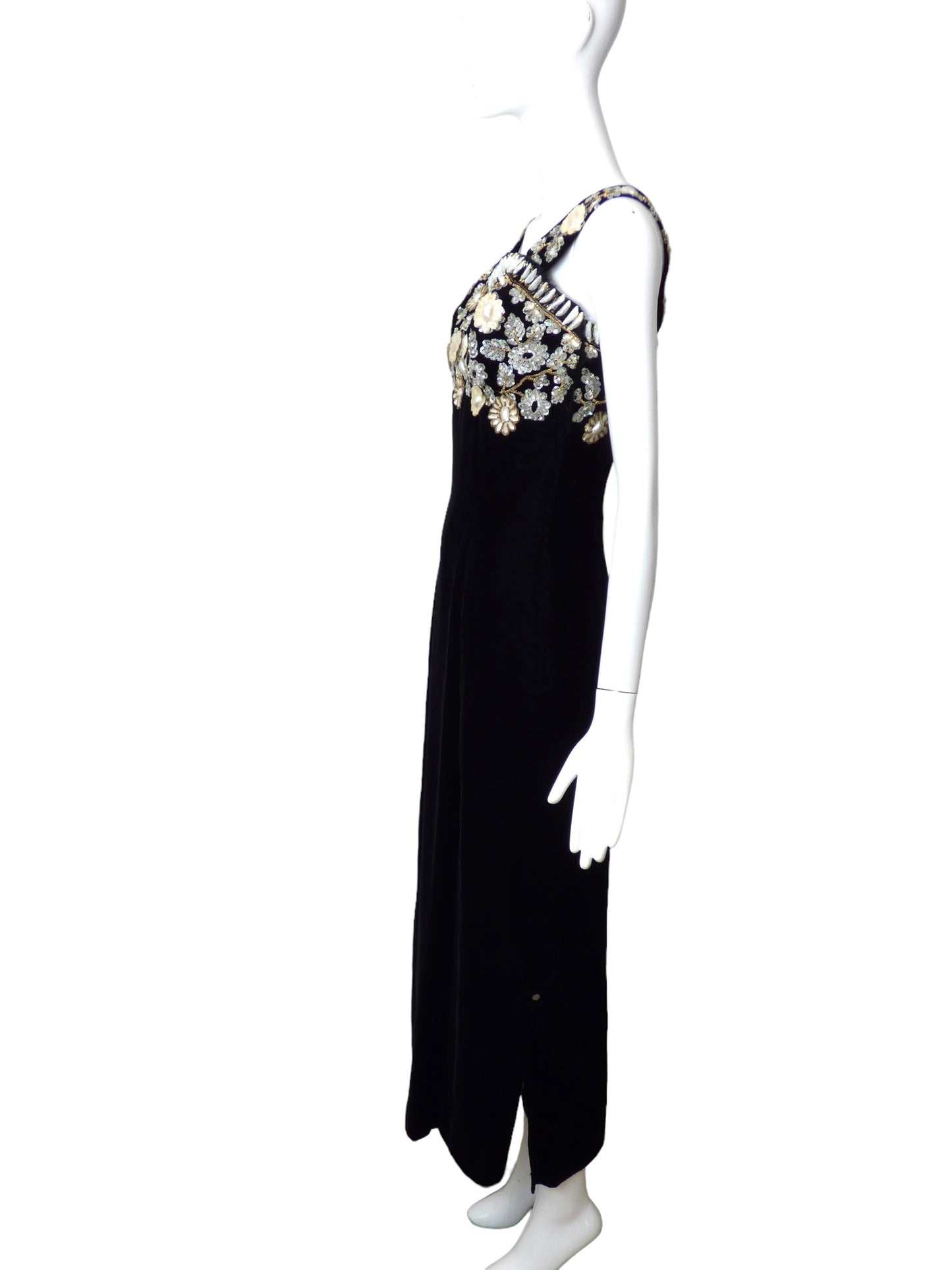 HENRI DE CHATILLON-1950s Black Velvet Beaded Gown, Size 6