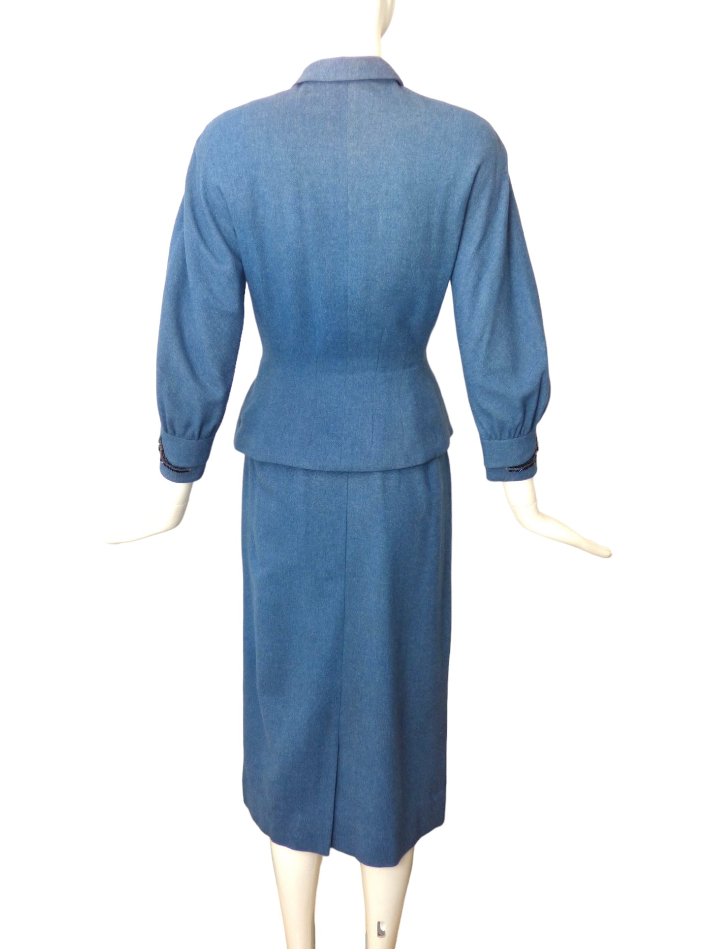 1940s Blue Beaded Wool Skirt Suit, Size 2