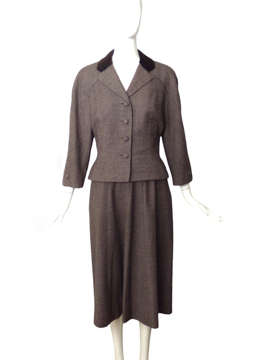 ADELE SIMPSON- 1950s Grey Wool & Velvet Skirt Suit, Size 8