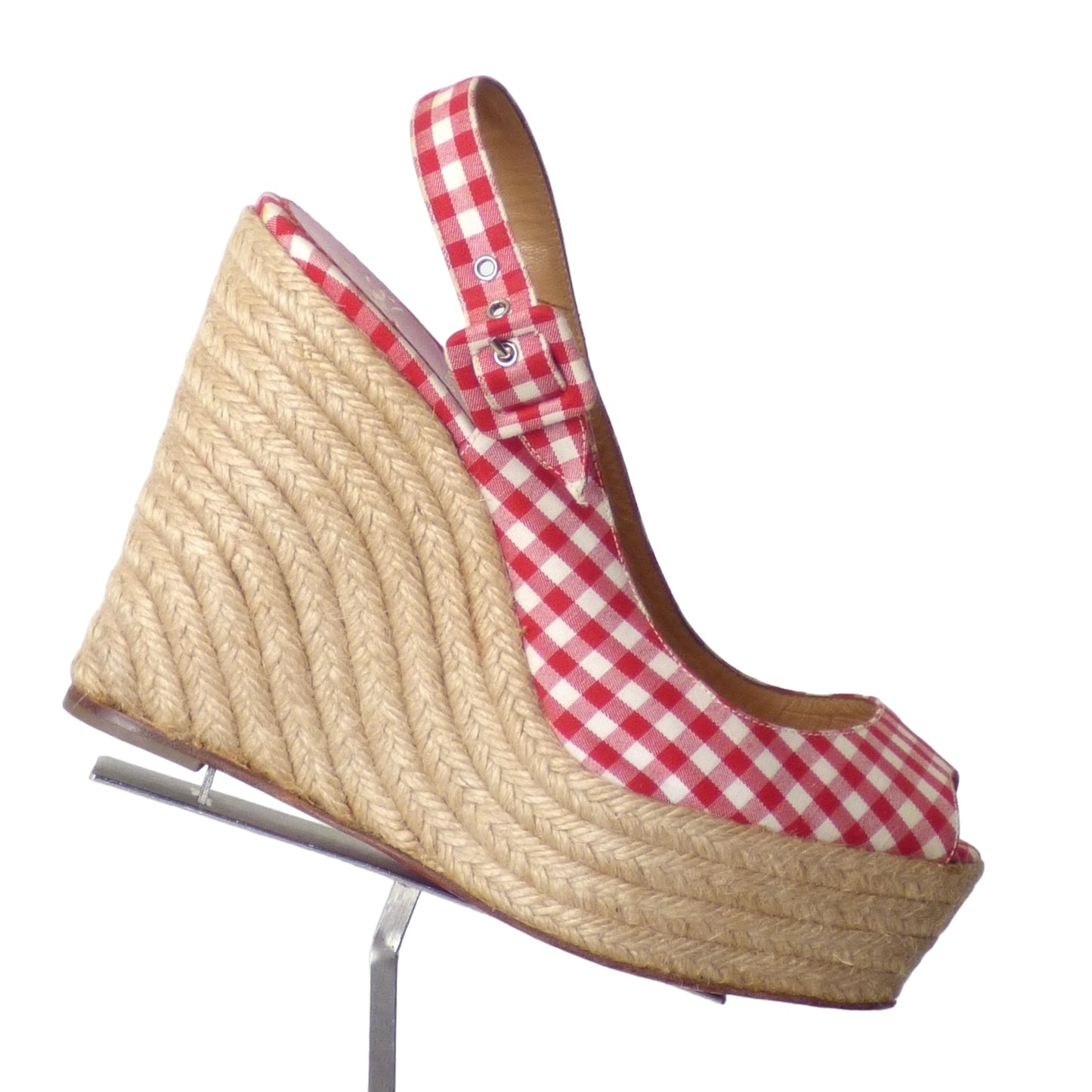 CHRISTIAN LOUBOUTIN- Gingham Platform Wedge Sandals, Size 38