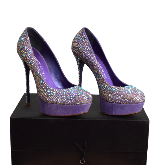 GIANMARCO LORENZI- NIB Violet Suede & Crystal Platform Pumps, Size 40