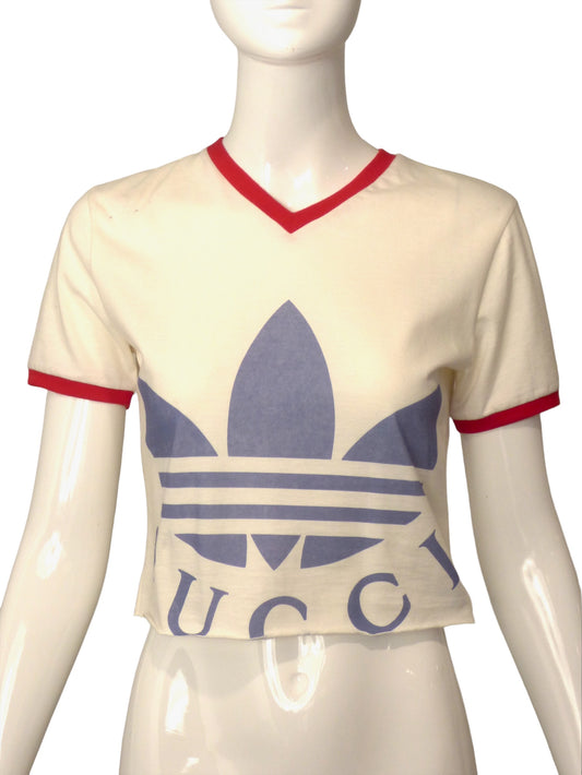 GUCCI x ADIDAS- NWT 2022 White Cropped Graphic T-Shirt, Size XXS