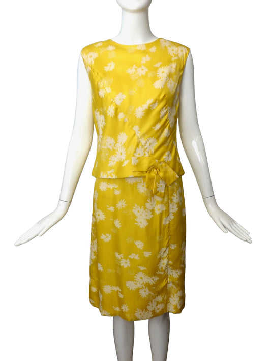 1950s Yellow Floral Print Silk Dress, Size 6