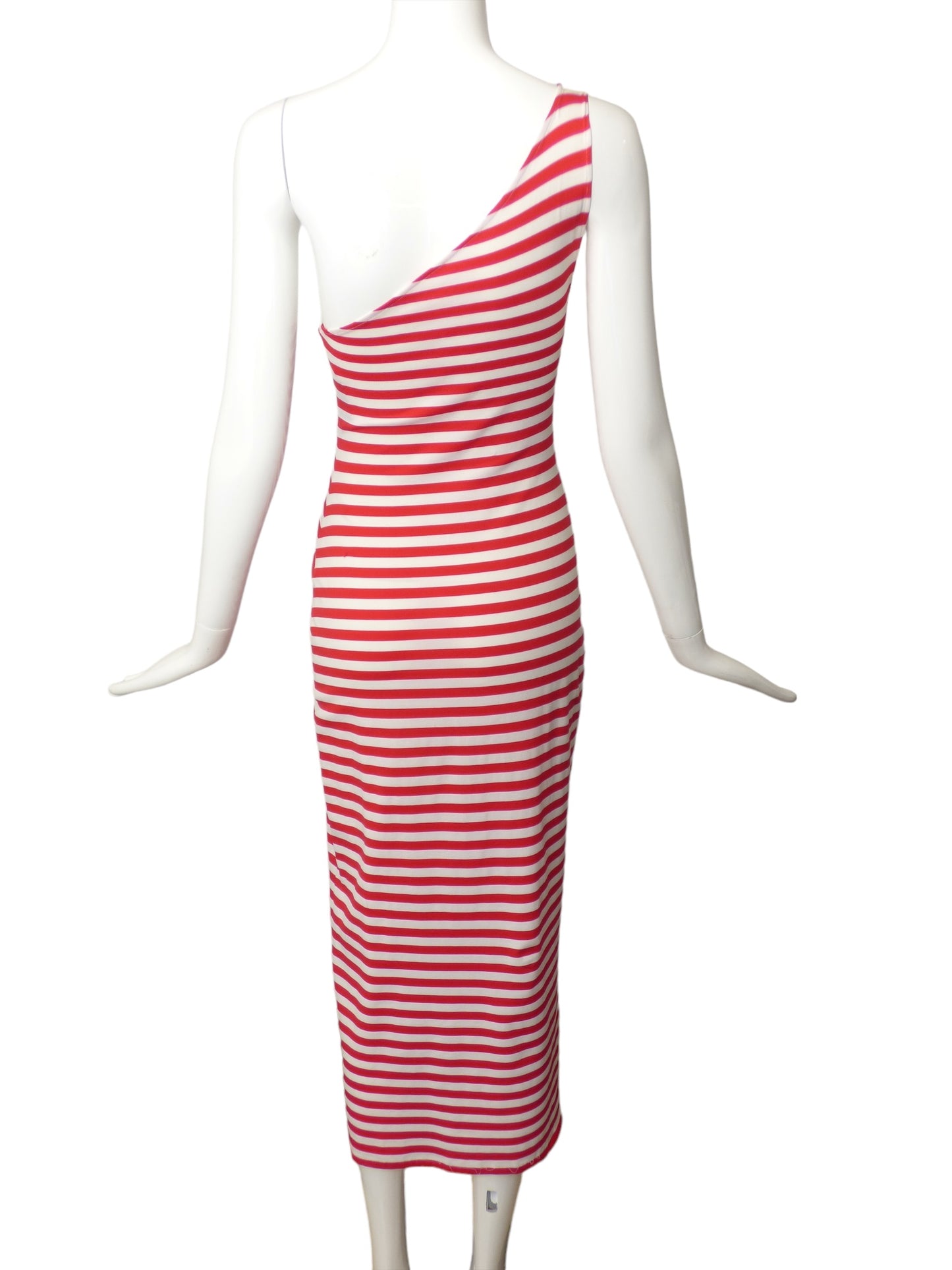 NORMA KAMALI- 1990s Striped Knit One Shoulder Dress, Size 6