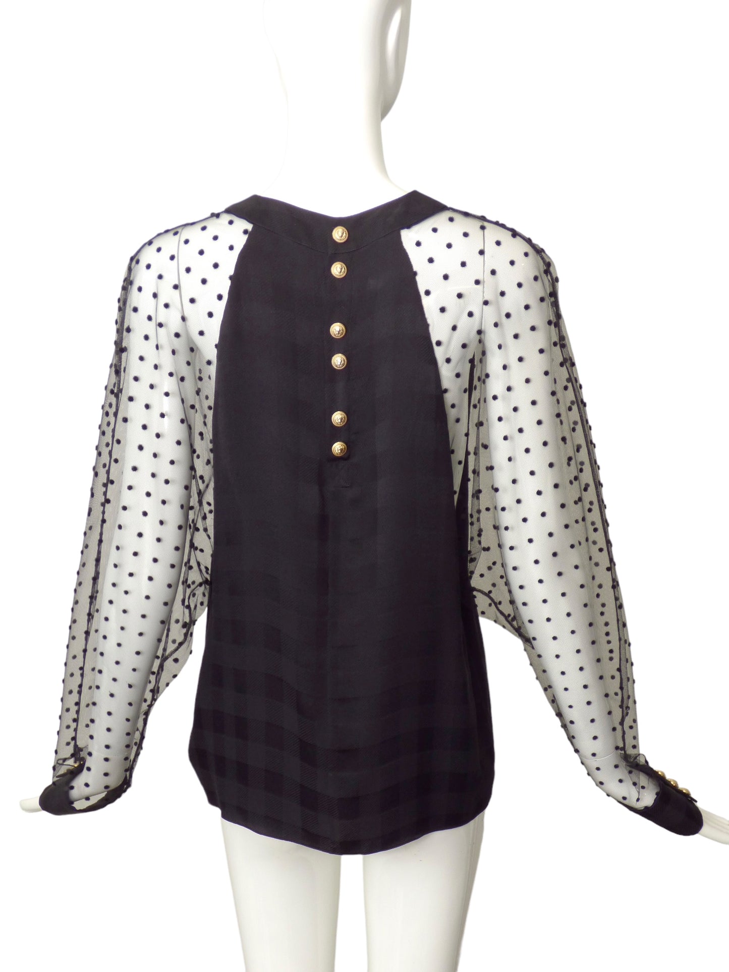 BALMAIN- Silk Plaid & Net Blouse, Size 10