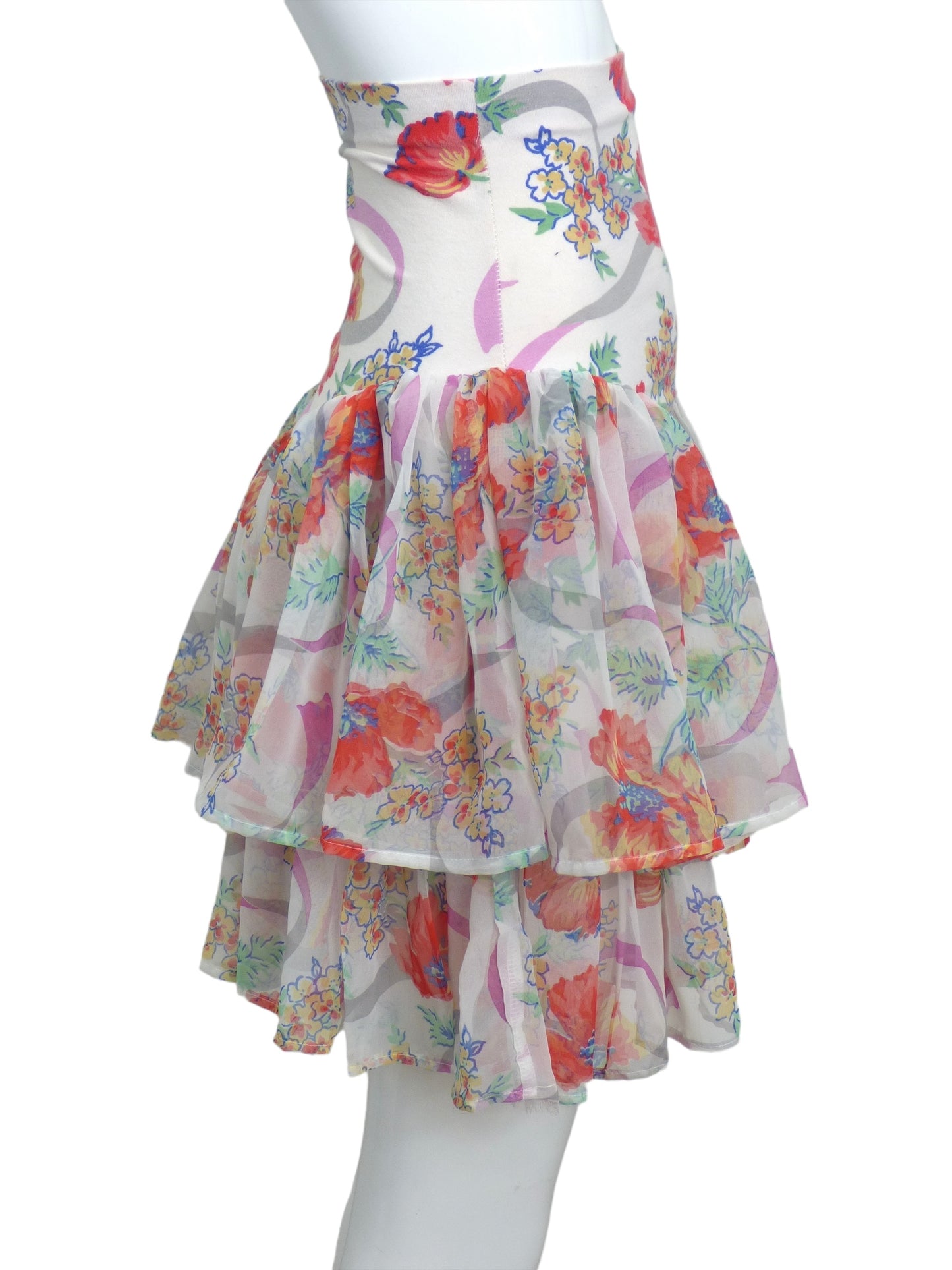 BETSEY JOHNSON-1980s Floral Knit & Chiffon Skirt, Size-4