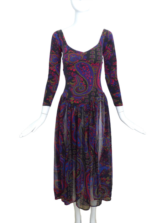 BETSEY JOHNSON-1980s Paisley Knit & Chiffon Dress, Size-Small