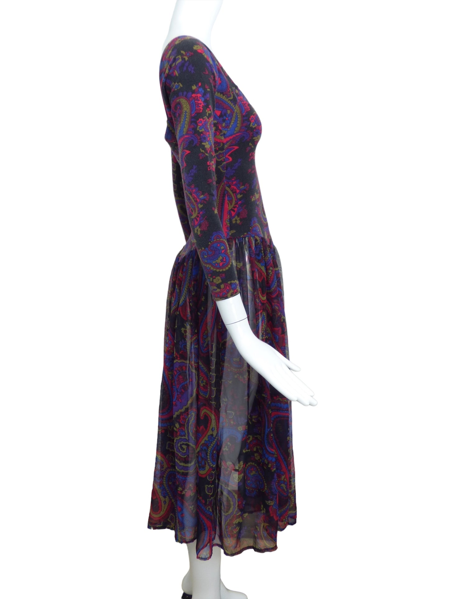 BETSEY JOHNSON-1980s Paisley Knit & Chiffon Dress, Size-Small