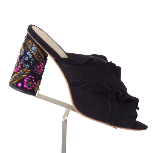 LOEFFLER RANDALL-Black Ruffled Suede & Jeweled Mules, Size-8